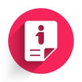 White Information icon isolated with long shadow background. Red circle button. Vector Royalty Free Stock Photo