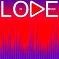 White Inscription In love mode with play button on bright red and purple background with sound wave equalizer. Royalty Free Stock Photo