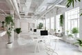 White interior design of modern office, space for work with tables and green plants. Concept of business, background, computer Royalty Free Stock Photo