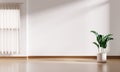 White interior empty room background with window and monstera plant pot on wooden floor and blinds. Interior and architecture Royalty Free Stock Photo