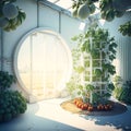 White interior of a large vertical round farm with tomatoes, generative AI