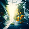 White interior of a large vertical round farm with tomatoes, generative AI