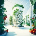 White interior of a large vertical round farm with tomatoes, generative AI