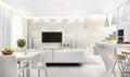 White interior of modern kitchen combined with living room Royalty Free Stock Photo