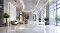 White interior of modern office hallway with clean marble floor and green plants, inside luxury shiny lobby of commercial building Royalty Free Stock Photo