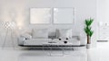 White interior with pictures mock-up, sofa and white modern floor lamp. 3D render.