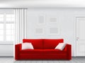 White interior and red sofa