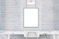 White interior with table, chair, brick wall and blank picture f Royalty Free Stock Photo