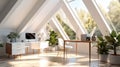White interior of workplace at Home office for remote, Work Bright minimalist interior, Trendy design