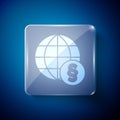 White International law icon isolated on blue background. Global law logo. Legal justice verdict world. Square glass Royalty Free Stock Photo