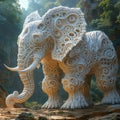 A white, intricately patterned elephant stands peacefully in a lush, teeming natural setting - AI-Generated Royalty Free Stock Photo
