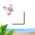 White invitation  mockup green leaf and orchids  blue sea palm beach     invitation greetings card mockup  copy space Royalty Free Stock Photo