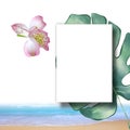 White invitation  mockup green monsteera beach flowers leaf and orchids     invitation greetings card mockup  copy space Royalty Free Stock Photo