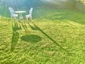 White iron table and chairs at the corner of the field in Lavender garden. Royalty Free Stock Photo