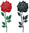 Rose vector with abstract branch and jagged leaves in red, dark green and black.