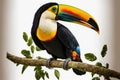 On a white, isolated background, a toucan bird is perched on a branch