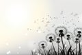 White isolated cutout dandelion blowing in the wind