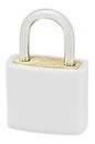 White Isolated Padlock Macro Closeup, Large Detailed Vertical Studio Shot, Closed Lock Protection Security Concept, Golden Brass Royalty Free Stock Photo