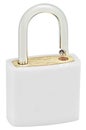 White Isolated Padlock Macro Closeup, Large Detailed Vertical Studio Shot, Open Lock Protection Security Concept, Golden Brass Royalty Free Stock Photo
