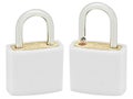 White Isolated Padlock Pair Macro Closeup, Large Detailed Vertical Studio Shot, Open, Closed Lock Protection Security Concept