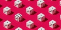 White isometric dice showing number one with one showing number six over red background, standing out from the crowd, creativity