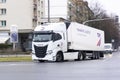 White Iveco S-Way semi-trailer truck of Czech TQM transportation company with motion blur effect Royalty Free Stock Photo