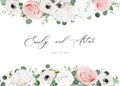 White ivory & blush peach stylish wedding invite, invitation, save the date card design template. Peony rose flowers, tender Royalty Free Stock Photo