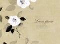 White japanese camelia flowers on neutral beige background with place for your text. Traditional Japanese ink wash
