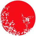 white japanese crane and sakura tree against red sun vector design