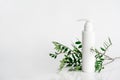 A white jar of cosmetics on a white background with green leaves. Royalty Free Stock Photo