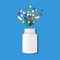 White jar with scattered multi-colored pills on a blue background. Medical theme