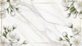 White jasmine flowers and buds arranged around a golden rectangular frame on a marble background Keywords: white Royalty Free Stock Photo