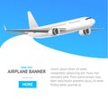 White Jet Airplane in the Air Banner. Vector Royalty Free Stock Photo