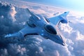 A white jet plane flies swiftly through a cloudy blue sky, leaving a trail of vapor in its wake, A futuristic fighter aircraft Royalty Free Stock Photo