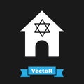 White Jewish synagogue building or jewish temple icon isolated on black background. Hebrew or judaism construction with