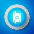White Jewish torah book icon isolated on blue background. The Book of the Pentateuch of Moses. On the cover of the Bible