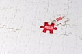 White jigsaw puzzle with missing piece on red with text. Business concept. Problem solved. Team work and solution