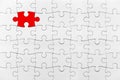White jigsaw puzzle pattern red piece White jigsaw puzzle pattern isolated front image top view to express alliance union team