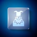 White Joker head icon isolated on blue background. Jester sign. Square glass panels. Vector