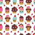 White Kawaii cupcakes with happy faces seamless pattern background.