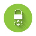 White Key broke inside of padlock icon isolated with long shadow. Padlock sign. Security, safety, protection, privacy concept.