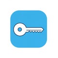 A white key icon with a circular head and jagged teeth is centered on a blue square Royalty Free Stock Photo