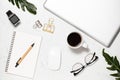 White keyboard mouse stationery open red reminder pencil binder clip pin and cup of coffee on marble table Royalty Free Stock Photo