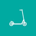 White kick scooter or balance bike icon. Flat push scooter isolated on blue