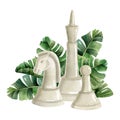 White king, knight and pawn chess pieces with tropical palm leaves watercolor illustration. Realistic figures Royalty Free Stock Photo