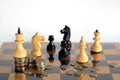 White king and other chess with coins on chess board Royalty Free Stock Photo