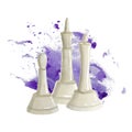 White king, queen and bishop chess pieces on purple watercolor splash illustration. Realistic figures Royalty Free Stock Photo