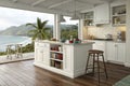 White kitchen with bar island and panoramic window Royalty Free Stock Photo