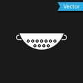 White Kitchen colander icon isolated on black background. Cooking utensil. Cutlery sign. Vector Illustration Royalty Free Stock Photo