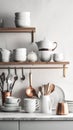 White kitchen with copper utensils and dishes on a shelf Royalty Free Stock Photo